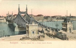 Budapest, Ferenc József híd, villamos, útépítés, Taussig Arthur kiadása (EK)