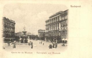 Budapest VIII. Kálvin tér, Múzeum, villamos, szökőkút, gyógyszertár, Rigler J. E. rt. kiadása