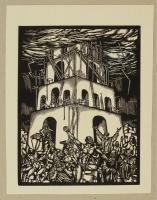 Divéky József (1887-1951): Toronyépítés, fametszet, papír, jelzett a metszeten, 20×15,5 cm