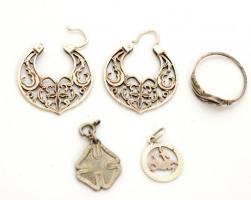 Ezüst(Ag) tétel(fülbevaló, gyűrű, 2 db medál), jelzett, bruttó: 10,4 g