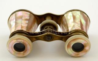 Gyöngyház berakásos színházi látcső, jelzés és tok nélkül, 9x5.5 cm