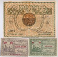 Sopron 1918. 10f utalvány + Pécs 1919. 10f + 50f házipénztár-jegy T:III,III-