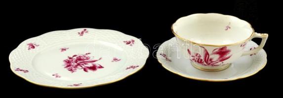 Herendi teás csésze és alj + süteményes tányér, kézzel festett, jelzett, hibátlan