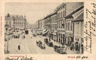 Arad, Szabadság tér, Aradi Kereskedők Köre, Rosenberg József, Erber és Fleischmann, Schwarz üzletei, piac, lóvasút, Kerpel Izsó kiadása / square, shops, market, omnibus (EK)