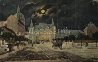 Temesvár, Timisoara; Józsefvárosi indóház, vasútállomás este / railway station at night (holes / lyukak)