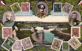Myslowice, Myslowitz; Dreikaiserreichs-Ecke German-Russian-Austrian triple border; Franz Joseph, Wilhelm II, Nicholas II of Russia; flags, stamps, Bismarkturm (vágott / cut)