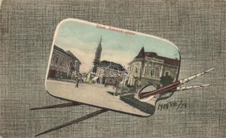 Zilah, Zalau; Rákóczi utca, Materny János és ifj. Bokor István üzlete. díszes lap ecsetekkel és palettával / street view, shops, decorated card with brushes (b)