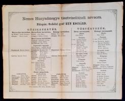 1867 Nemes Hunyad vármegye tisztviselőinek névsora, főispán Kun Kocsárd, hajtott, lapszéli szakadásokkal, 41x52 cm