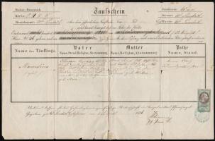 1876 Wiener-Neustadt, Keresztelési anyakönyvi kivonat 50 kr okmánybélyeggel