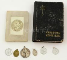 Kis vallási tétel: csodás érmek; alabástrom papírnehezék; Kempis Tamás: Krisztus követés (1944)