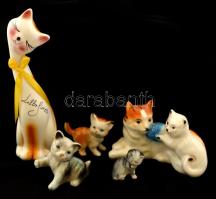 5 db macska figura, köztük 1 db kerámia, különböző méretben