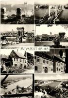 Budapest 1945-1965 - nagyalakú modern képeslap, II. világháborúban lerombolt Erzsébet híd, Lánchíd, Szabadság híd, Képzőművészeti Alap kiadása (EB)