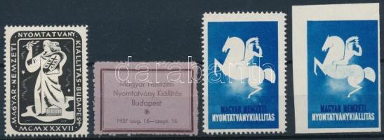 1937 Magyar Nemzeti Nyomtatványkiállítás 3 db klf fogazott és 1 db vágott levélzáró