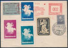 1937 Magyar Nemzeti Nyomtatványkiállítás 5 db klf levélzáró alkalmi bélyegzéssel megegyező témájú képeslapon