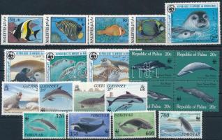 1983-1990 WWF: Sea animals 20 stamps (gum disturbance), 1983-1990 WWF: Tengeri állatok motívum 20 klf bélyeg, közte sorok (minden érték betapadt)