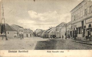 Barót, Baraolt; Felső Kossuth utca, Brandstadter Sándor üzlete, Incze Gyula kiadása / street, shops (kopott sarkak / worn corners)