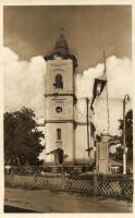 Margitta, Marghita; Római katolikus templom, országzászló, Hangya szövetkezet kiadása / church, Hungarian flag