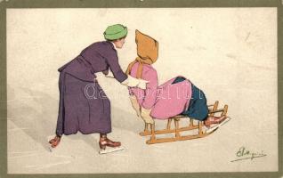 Sledding ladies, Italian art postcard, Vogua & Cie. Editeurs Geneve Suise No. 310. s: Pellegrini