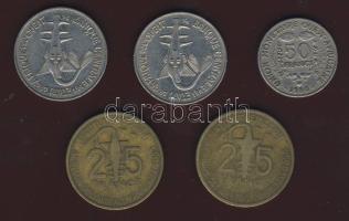 Francia Nyugat Afrika 1957. 25Fr (2x) + Nyugat Afrikai Államok 1980. 50Fr + 1971-1979. 100Fr (2klf db) Összesen 5db T:3