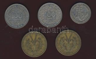 Francia Nyugat Afrika 1957. 25Fr (2x) + Nyugat Afrikai Államok 1980. 50Fr + 1971-1979. 100Fr (2klf d...