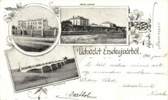 Érsekújvár, Nové Zamky; Kórház, vasútállomás, Nyitra híd / hospital, railway station, bridge, floral Art Nouveau (EK)