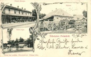 Feled, Veladin, Jesenské; Vasútállomás, malom, Rima zúgó, Lévai Izsó kiadása / railway station, mill, rapids, floral Art Nouveau (EK)