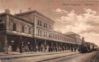 Zimony, Zemun, Semlin; Vasútállomás, gőzmozdony / Bahnhof / railway station, locomotive (EK) + portó
