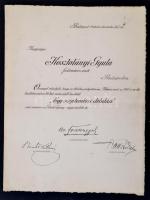 1910 Kosztolányi Gyula festőművész hivatalos értesítése a megnyert Ráth György-díjról, Forster Gyula, Benkő Kálmán, Kallós Ede aláírásaival.