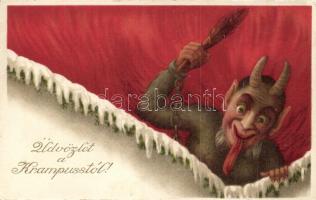 Krampus with birch and chains, litho