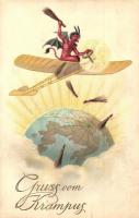 Krampus with airplane around the globe, Special 5101. Emb. litho