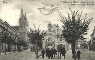 Komárom, Komárno; Nádor és Megye utca torkolat, Szentháromság szobor, galamb, Sipos F. kiadása / street corner, Trinity statue, dove (EK)