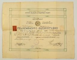 1920 Nagyszombat, Városi Ipartestület felszabadító bizonyítványa szlovákul feliratozva a magyar nyomtatott szöveg fölé. / Warrant for craftsmen Hungarian printed matter overwritten in Slovakian 48x37 cm