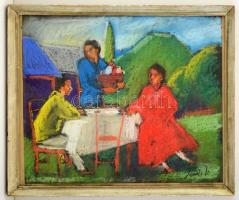 Jándi jelzéssel: Asztali társaság, pasztell, papír, üvegezett fa keretben, 35×42 cm