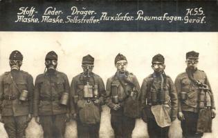 Stoff-Maske, Leder-Maske, Dräger-Selbstretter, Auxilator, Pneumafogen, HSS Gerät / WWI Gemran military gas masks, photo