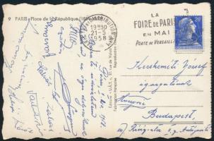 1958 Az Újpest labdarúgó csapat tagjainak aláírása Párizsból feladott képeslapon. Szuzsa, Göröcs, Várhidi, stb