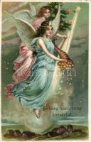 3 db RÉGI karácsonyi dombornyomott litho üdvözlőlap, vegyes minőség / 3 pre-1945 embossed litho Chri...