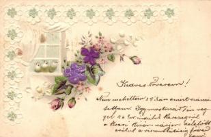 3 db RÉGI dombornyomott litho üdvözlőlap, vegyes minőség / 3 pre-1945 embossed litho greeting cards,...