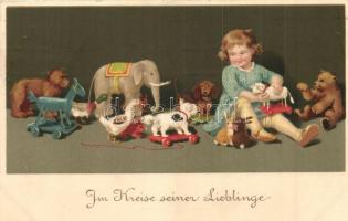 Im Kreise seiner Lieblinge / Children art postcard, Meissner & Buch Künstler-Postkarten Serie 2000. Puppenmütterchen, litho