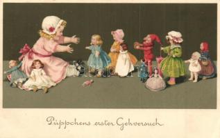 Püppchens erster Gehversuch / Children art postcard, Meissner & Buch Künstler-Postkarten Serie 2000. Puppenmütterchen, litho