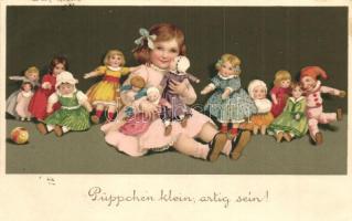 Püppchen klein, artig sein! / Children art postcard, Meissner & Buch Künstler-Postkarten Serie 2000. Puppenmütterchen, litho