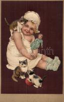 Girl with cats, P.F.B. Relief/Radiol No. 8821. Emb. litho
