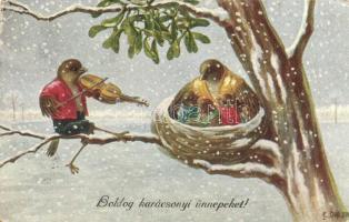 Boldog Karácsonyi Ünnepeket! / Christmas greeting card, birds playing the violin, B.K.W.I. 3276-2. s: C. Öhler (EK)