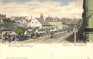 Pozsony, Pressburg, Bratislava; Vásártér, piac, Bassatt Sándor, Schlicht üzletei, Kozics Ede kiadása, Edgar Schmidt / Marktplatz / market square, shops (EK)