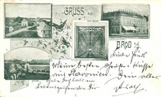 1898 Bród, Brod an der Save, Bosanski Brod, Slavonski Brod; Bosnisch Brod, Sava Brücke, Hotel gelbes Haus, Festung / látkép, híd, szálló / general view, bridge, hotel, floral Art Nouveau (EK)