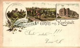 1897 Károlyváros, Karlstadt, Karlovac; Dubovac, Ruscvina Ruine, Zorin Dom / kastély, romok, lányiskola / castle, ruins, girls school, floral Art Nouveau, Heinrich Krapok litho (EK)