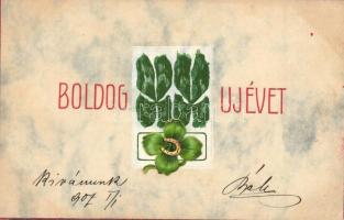 Boldog Újévet / New Year greeting, clovers, Art Nouveau Emb.