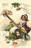 Boldog Újévet / New Year greeting, children with pig, clovers, mushrooms (EK)