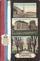 Pakrác, Pakrac; Pravosl. Srp. crkva I spiskopskidvorh, Pravosl. Srp. parohijski dom, Srpska muska Uciteljska skola. Naklada D. Singer / Szerb ortodox templom és parókia, Férfi tanárképző iskola, címer / Serbian Orthodox church and parish home, men's training school, coat of arms (EK)