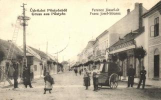 Pöstyén, Piestany; Ferenc József út, férfi riksával, villanyoszlop létrával. Gipsz H. kiadása / street view with rickshaw, electric pylon with ladder