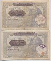 Szerbia / Német megszállás 1941. 100D (3x) kettő hamis felülbélyegzéssel T:III-,IV ragasztás, fo. Serbia / German occupation 1941. 100 Dinara (3x) two with fake overprint C:VG,G sticked, spotted Krause 23